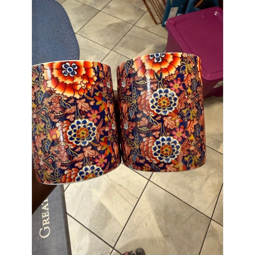 Williams Sonoma Floral Coffee Mugs Set of 2 Navy Orange Chintz Porcelain